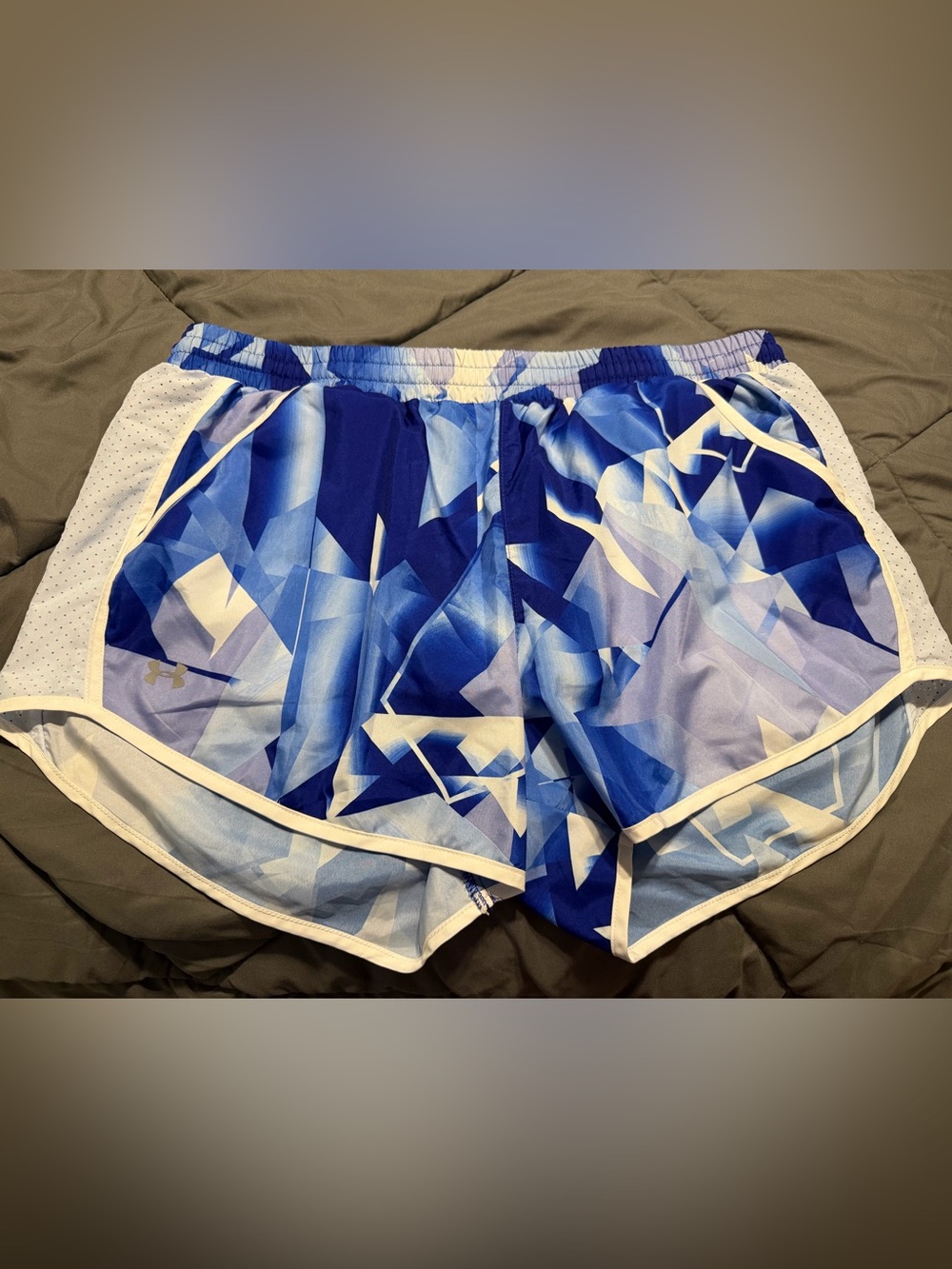 Under Armour Women’s Blue Geometric Running Shorts with White Trim